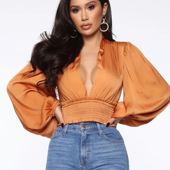 Rust orange v-neck satin blouse - Picture 2 of 8